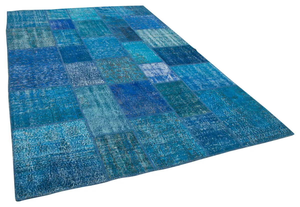 Patchwork Mavi Pamuk Üzerine Yün El Dokuma Kilim-205x305 - Görsel 2