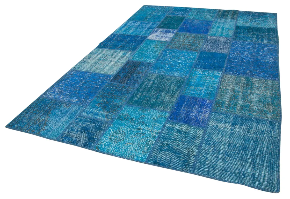 Patchwork Mavi Pamuk Üzerine Yün El Dokuma Kilim-205x305 - Görsel 3