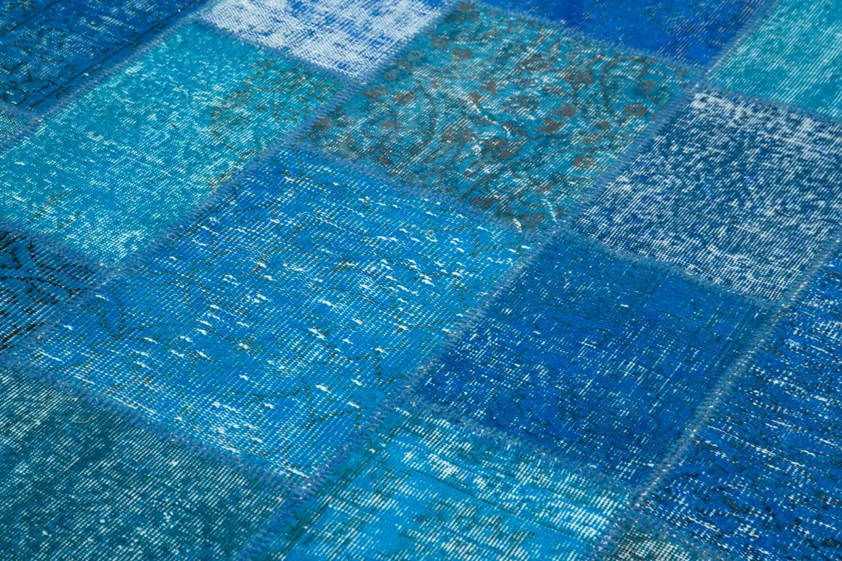 Patchwork Mavi Pamuk Üzerine Yün El Dokuma Kilim-205x305 - Görsel 5