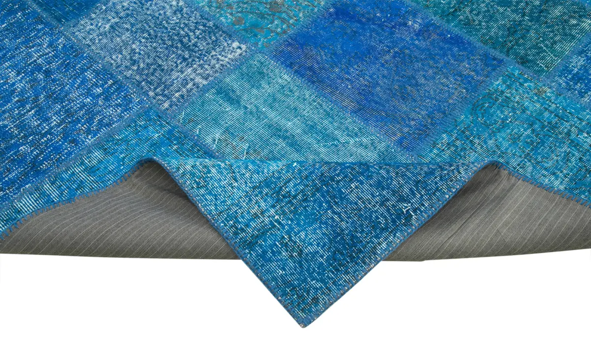 Patchwork Mavi Pamuk Üzerine Yün El Dokuma Kilim-205x305 - Görsel 6