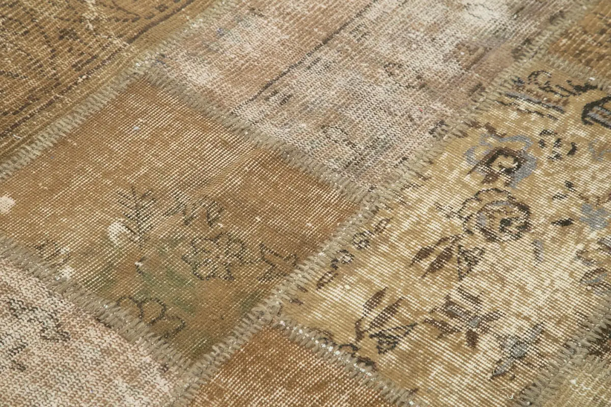 Patchwork Kahverengi Pamuk Üzerine Yün El Dokuma Kilim-201x301 - Görsel 5