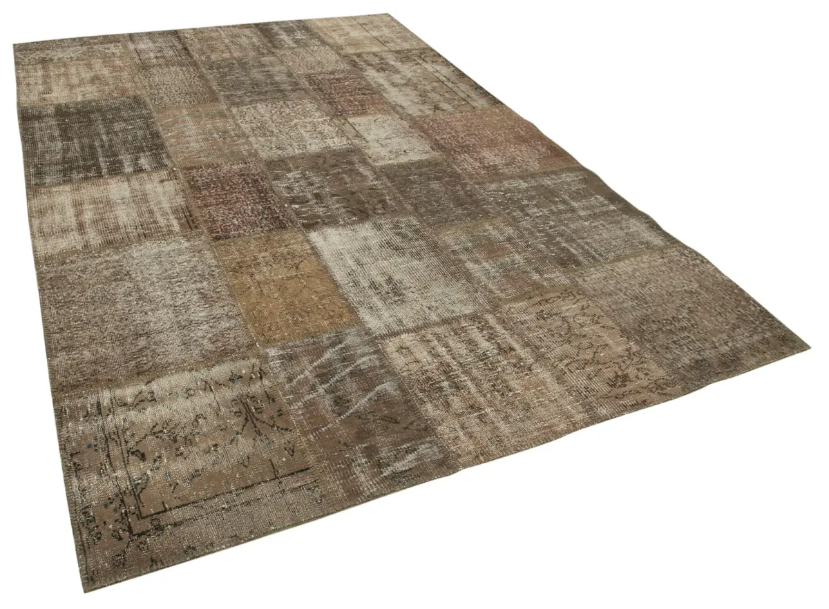 Patchwork Kahverengi Pamuk Üzerine Yün El Dokuma Kilim-203x303 - Görsel 2