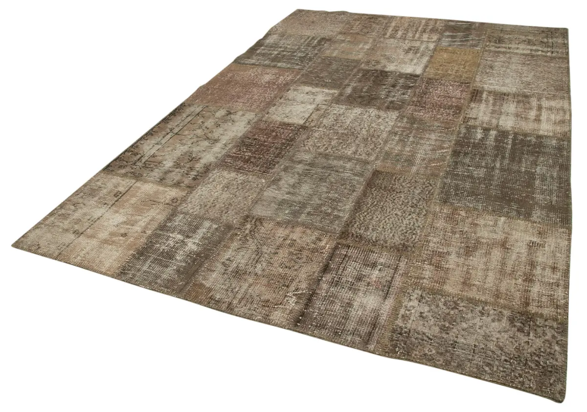 Patchwork Kahverengi Pamuk Üzerine Yün El Dokuma Kilim-203x303 - Görsel 3