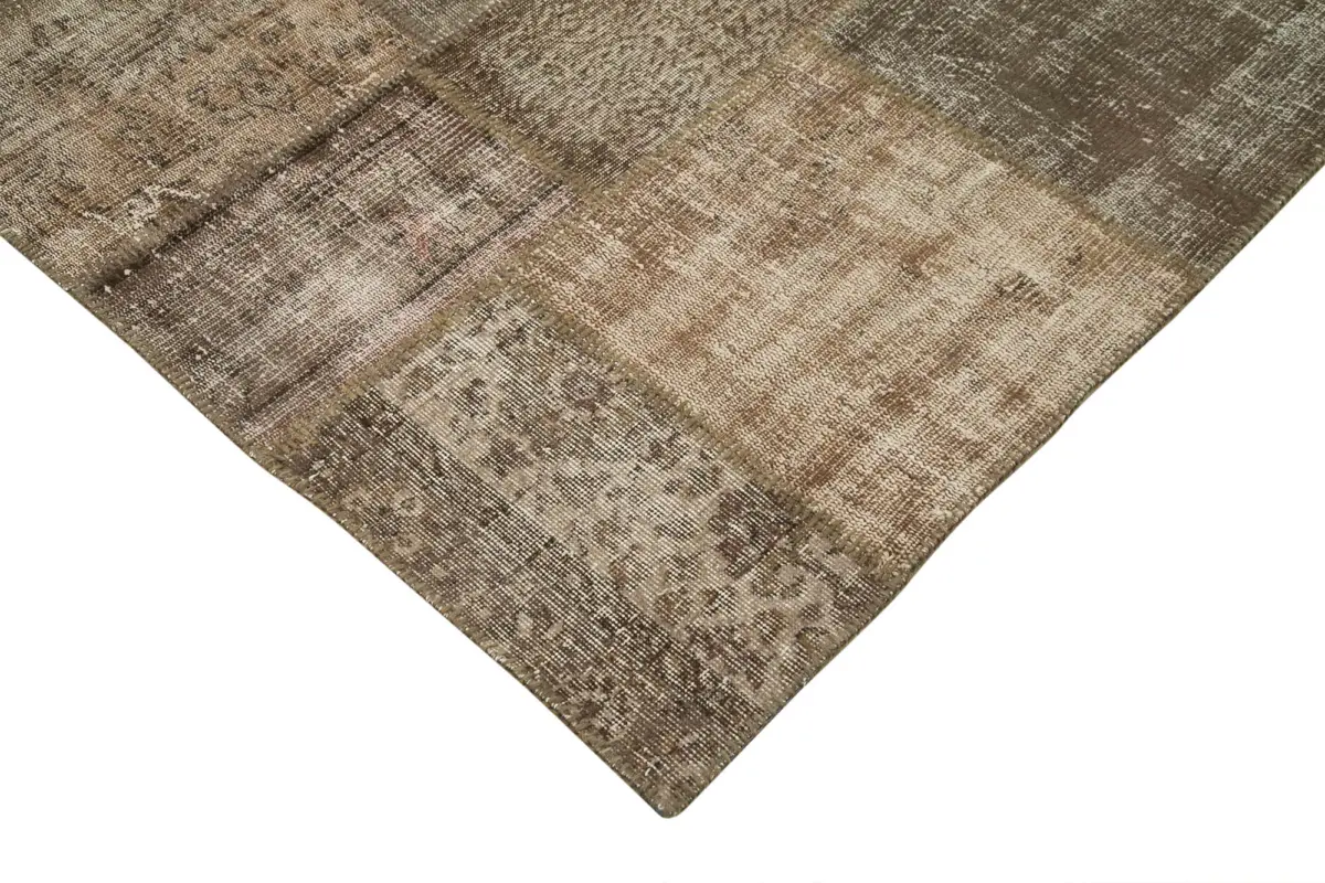 Patchwork Kahverengi Pamuk Üzerine Yün El Dokuma Kilim-203x303 - Görsel 4