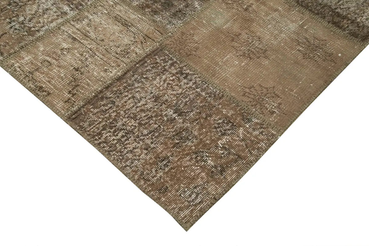 Patchwork Kahverengi Pamuk Üzerine Yün El Dokuma Kilim-202x303 - Görsel 4