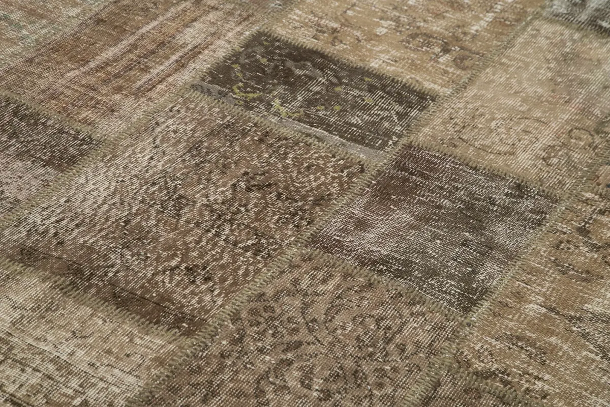 Patchwork Kahverengi Pamuk Üzerine Yün El Dokuma Kilim-202x303 - Görsel 5