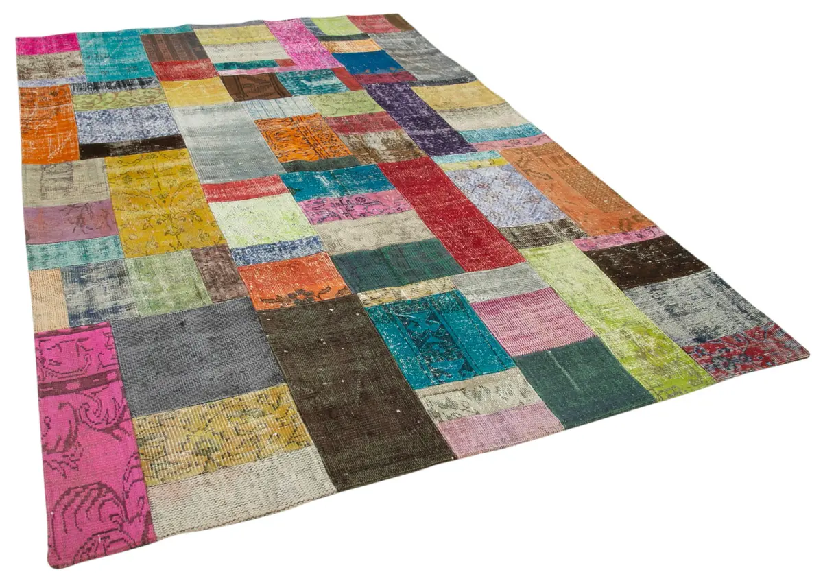 Patchwork Multi Pamuk Üzerine Yün El Dokuma Kilim-202x302 - Görsel 2