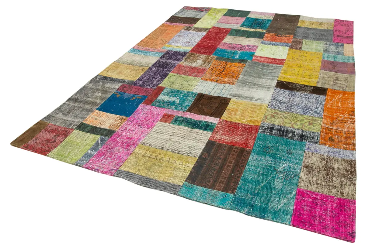 Patchwork Multi Pamuk Üzerine Yün El Dokuma Kilim-202x302 - Görsel 3