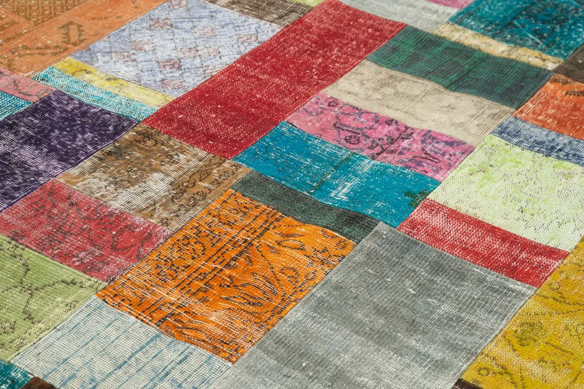 Patchwork Multi Pamuk Üzerine Yün El Dokuma Kilim-202x302 - Görsel 5