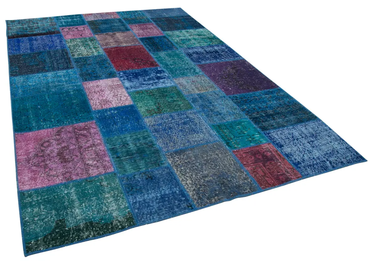 Patchwork Mavi Pamuk Üzerine Yün El Dokuma Kilim-202x300 - Görsel 2