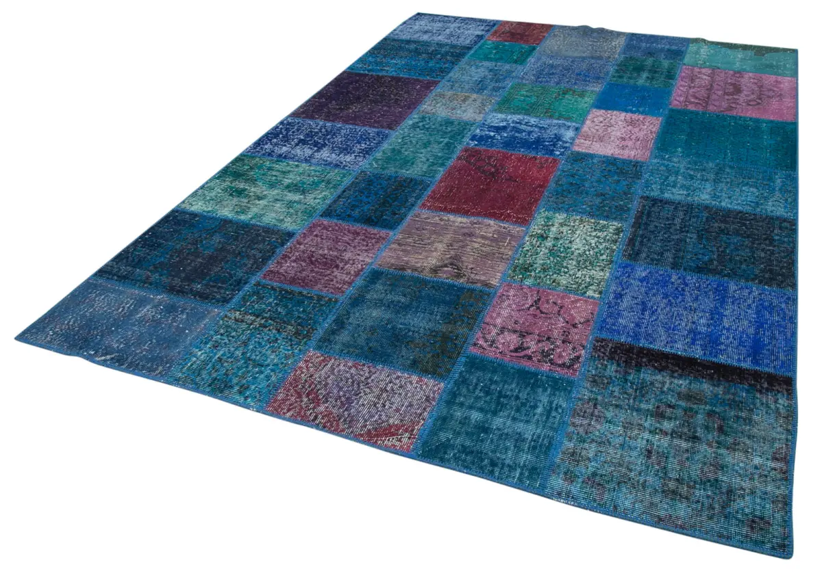 Patchwork Mavi Pamuk Üzerine Yün El Dokuma Kilim-202x300 - Görsel 3