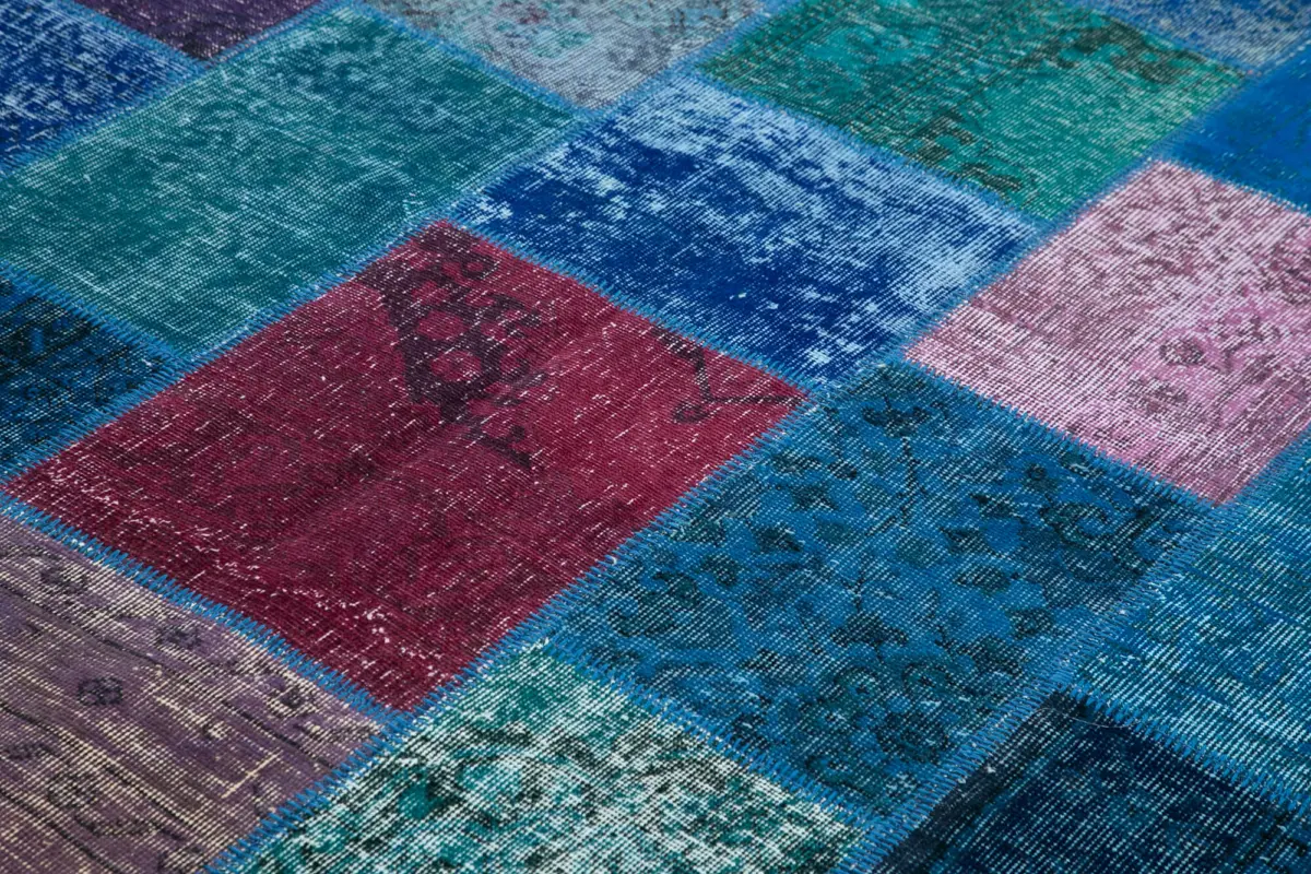 Patchwork Mavi Pamuk Üzerine Yün El Dokuma Kilim-202x300 - Görsel 5