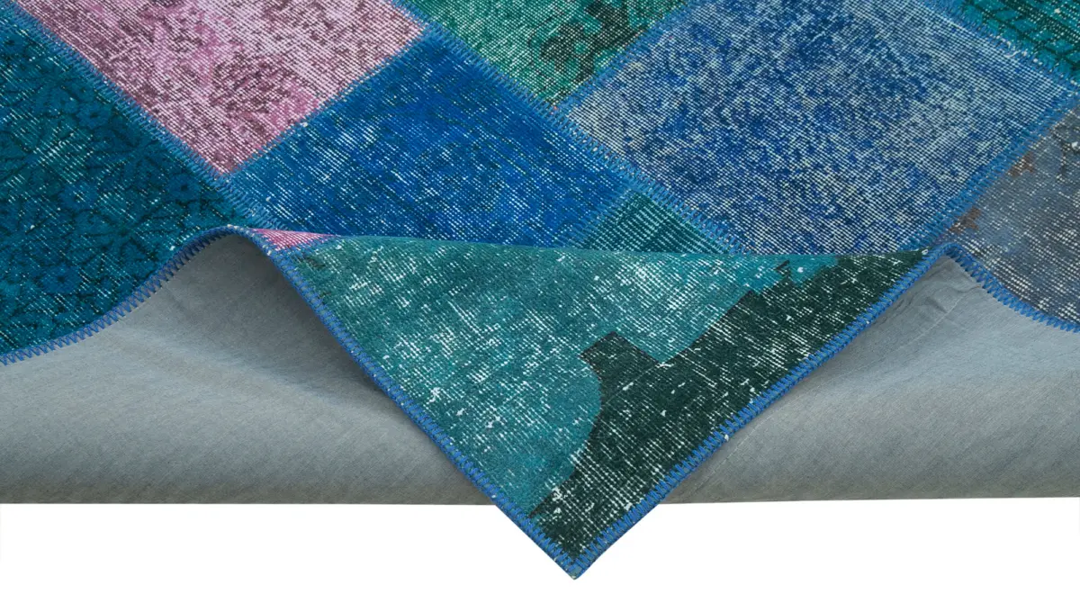 Patchwork Mavi Pamuk Üzerine Yün El Dokuma Kilim-202x300 - Görsel 6