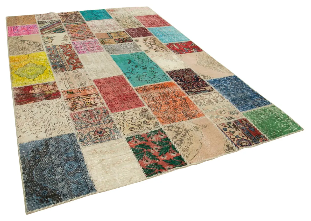 Patchwork Multi Pamuk Üzerine Yün El Dokuma Kilim-205x300 - Görsel 2