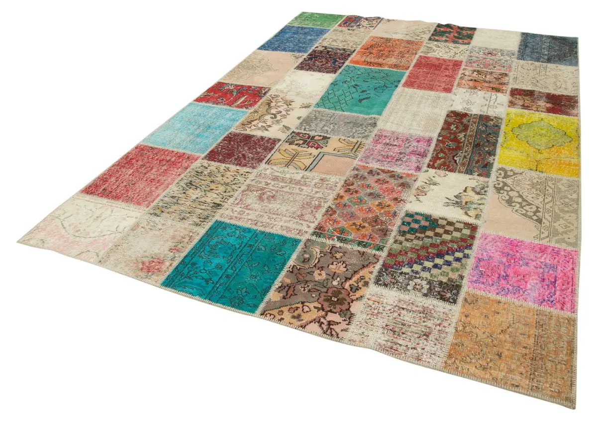 Patchwork Multi Pamuk Üzerine Yün El Dokuma Kilim-205x300 - Görsel 3