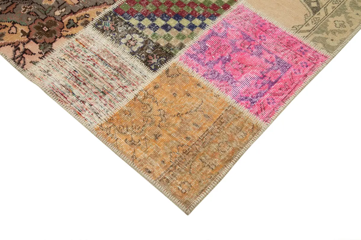 Patchwork Multi Pamuk Üzerine Yün El Dokuma Kilim-205x300 - Görsel 4