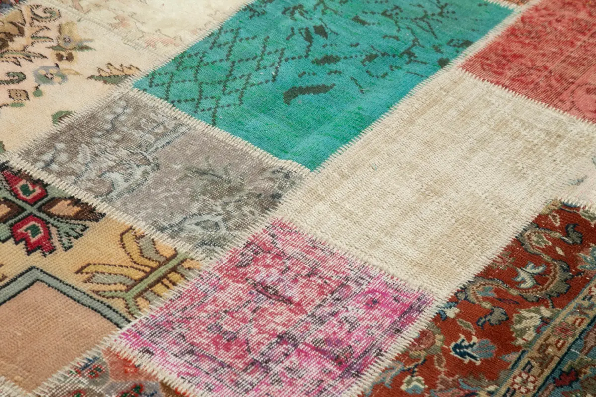 Patchwork Multi Pamuk Üzerine Yün El Dokuma Kilim-205x300 - Görsel 5