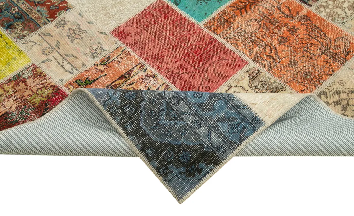 Patchwork Multi Pamuk Üzerine Yün El Dokuma Kilim-205x300 - Görsel 6
