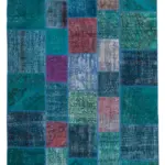 Patchwork Turkuaz Pamuk Üzerine Yün El Dokuma Kilim-204x300