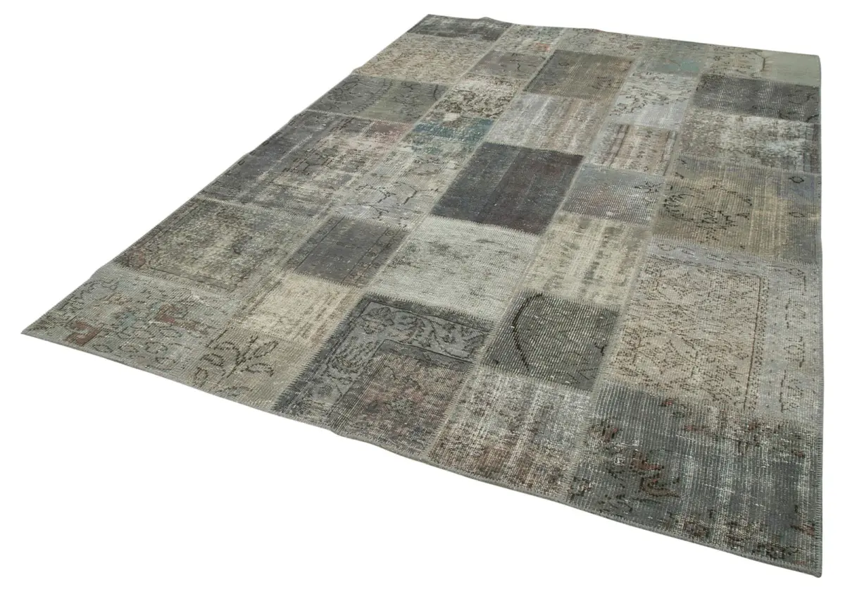 Patchwork Gri Pamuk Üzerine Yün El Dokuma Kilim-202x300 - Görsel 3