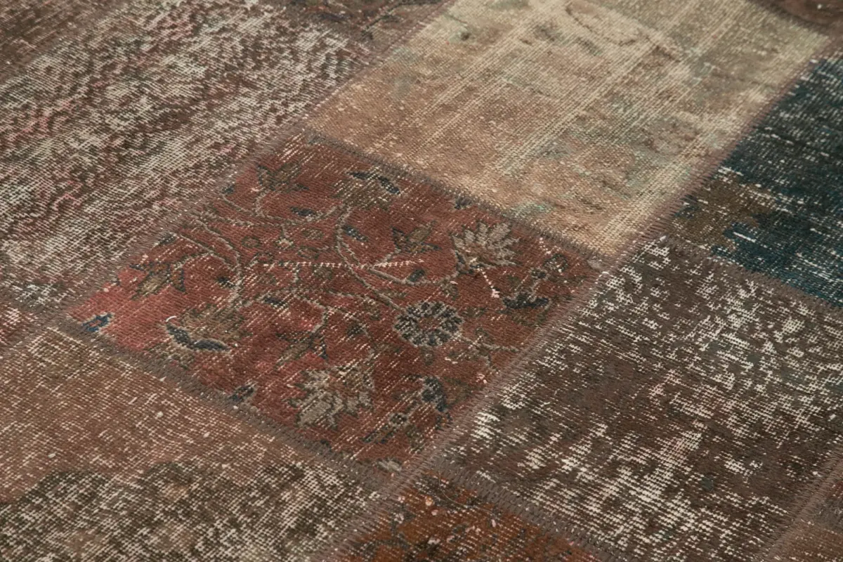 Patchwork Kahverengi Pamuk Üzerine Yün El Dokuma Kilim-202x298 - Görsel 5