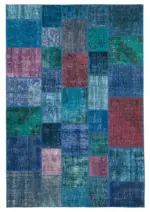Patchwork Mavi Pamuk Üzerine Yün El Dokuma Kilim-203x300