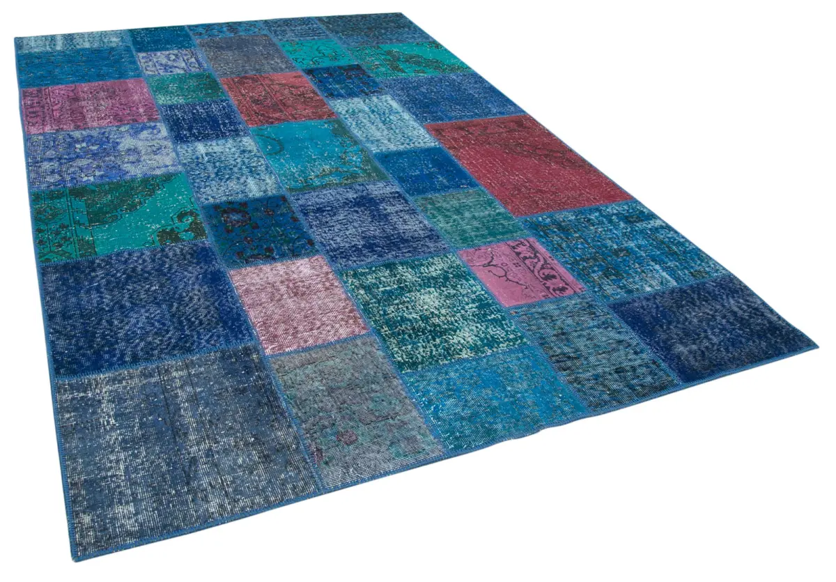 Patchwork Mavi Pamuk Üzerine Yün El Dokuma Kilim-203x300 - Görsel 2