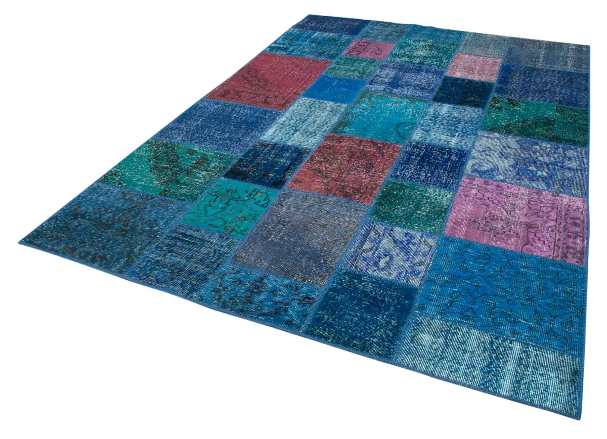 Patchwork Mavi Pamuk Üzerine Yün El Dokuma Kilim-203x300 - Görsel 3