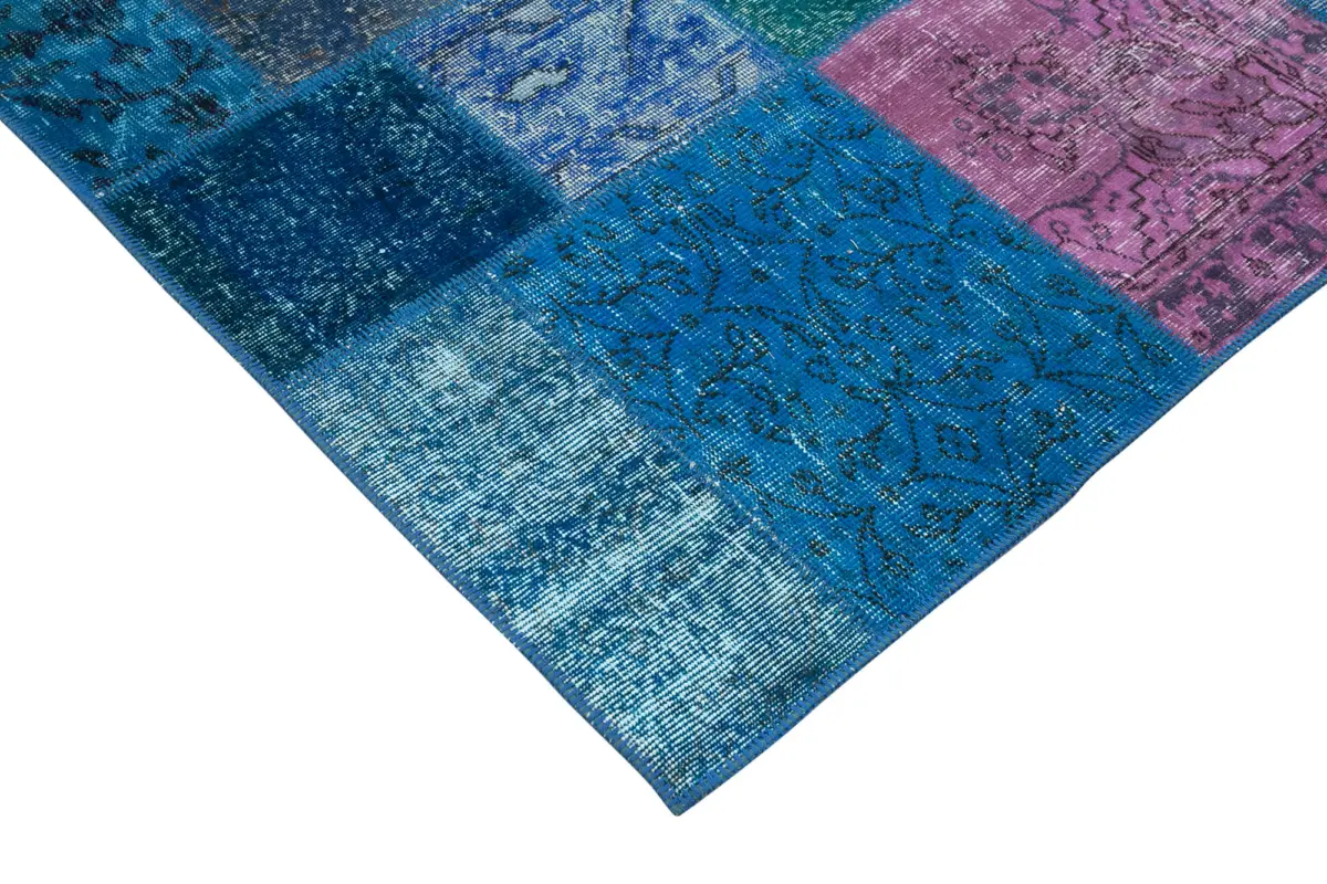 Patchwork Mavi Pamuk Üzerine Yün El Dokuma Kilim-203x300 - Görsel 4