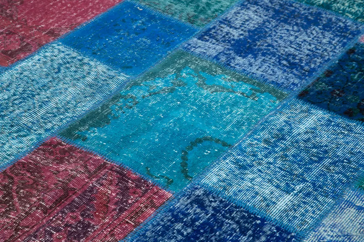 Patchwork Mavi Pamuk Üzerine Yün El Dokuma Kilim-203x300 - Görsel 5