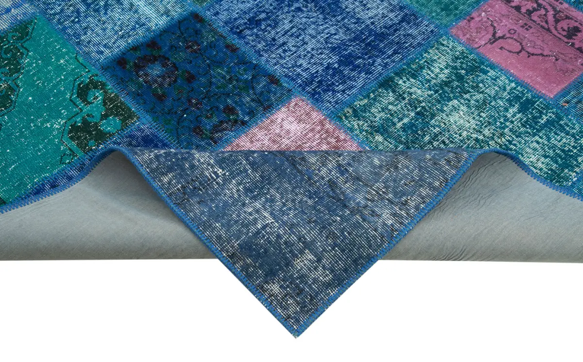 Patchwork Mavi Pamuk Üzerine Yün El Dokuma Kilim-203x300 - Görsel 6