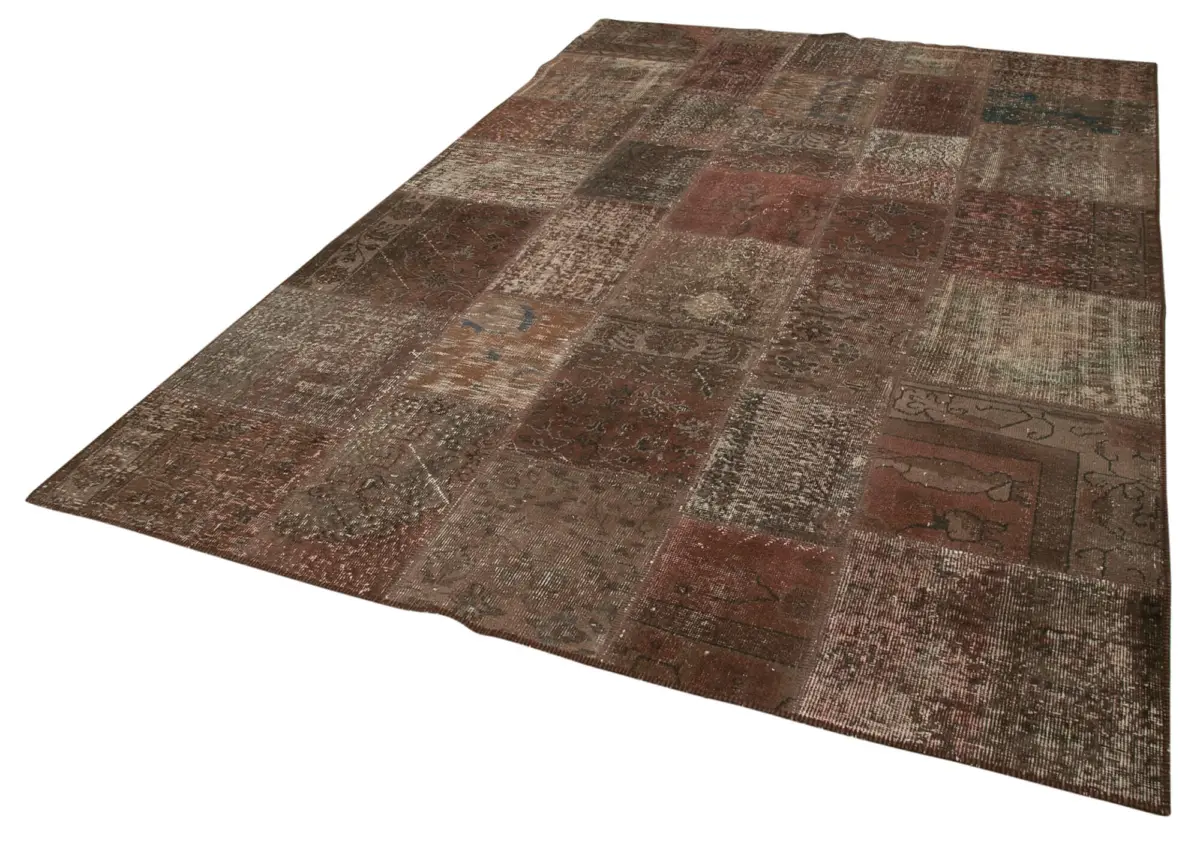 Patchwork Kahverengi Pamuk Üzerine Yün El Dokuma Kilim-204x301 - Görsel 3