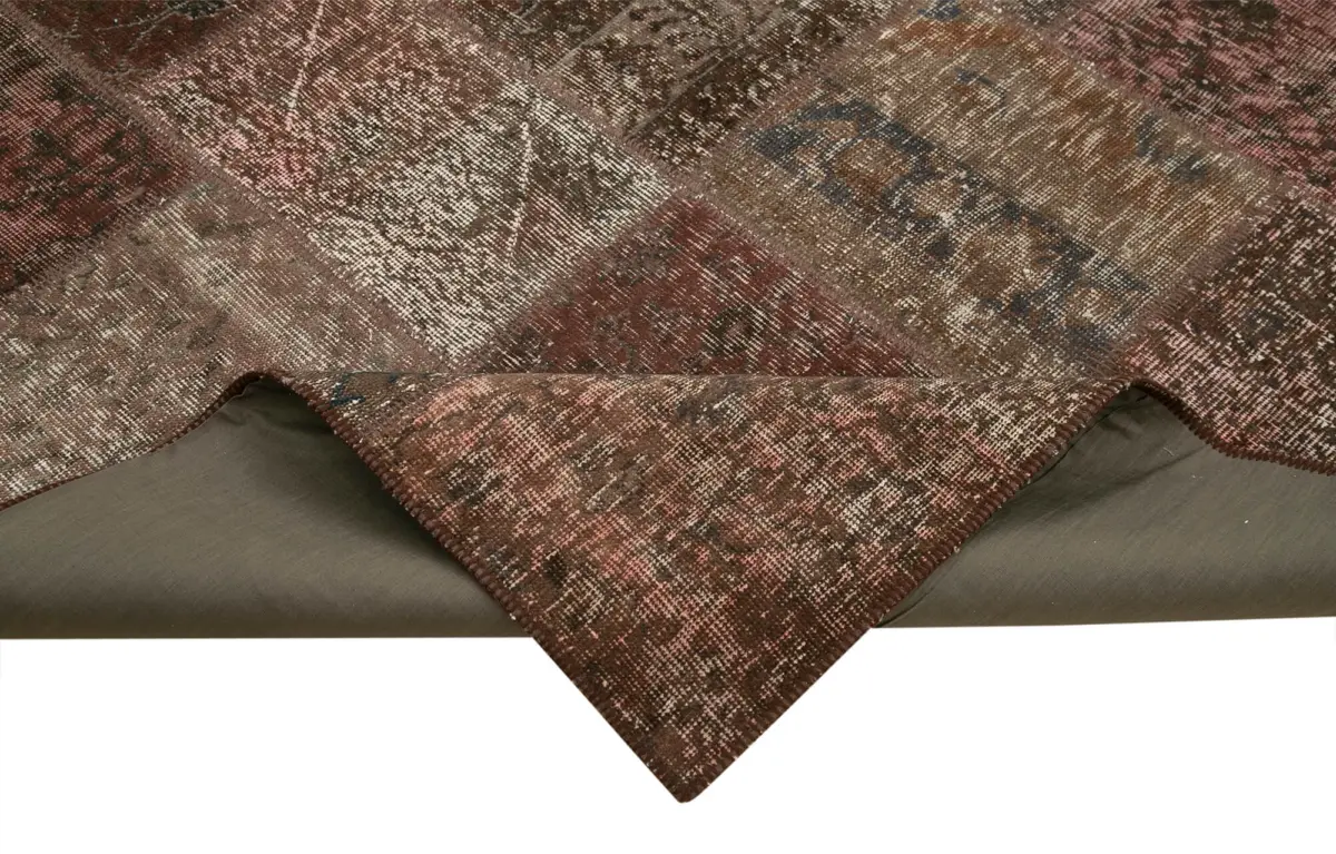 Patchwork Kahverengi Pamuk Üzerine Yün El Dokuma Kilim-204x301 - Görsel 6