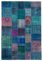Patchwork Mavi Pamuk Üzerine Yün El Dokuma Kilim-204x300