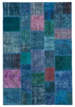 Patchwork Mavi Pamuk Üzerine Yün El Dokuma Kilim-202x300