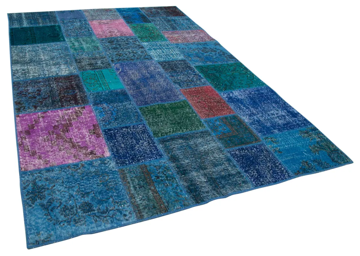 Patchwork Mavi Pamuk Üzerine Yün El Dokuma Kilim-202x300 - Görsel 2