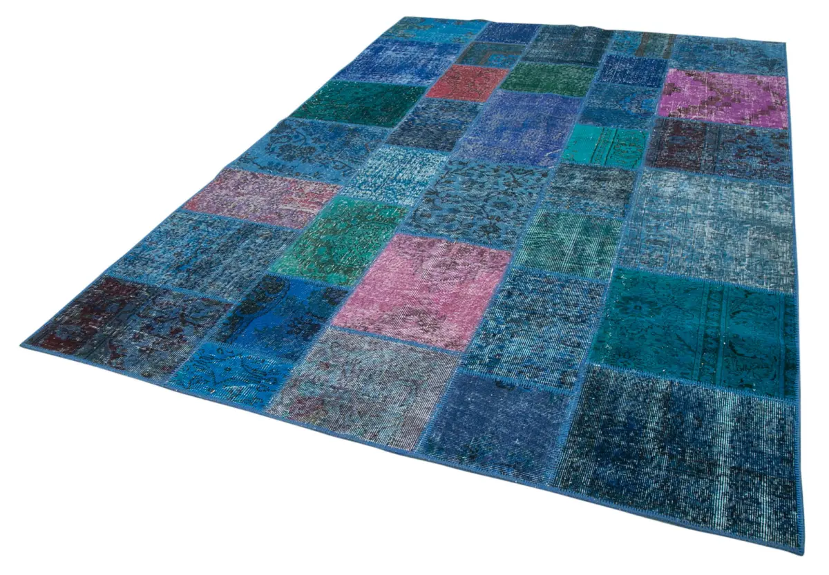 Patchwork Mavi Pamuk Üzerine Yün El Dokuma Kilim-202x300 - Görsel 3