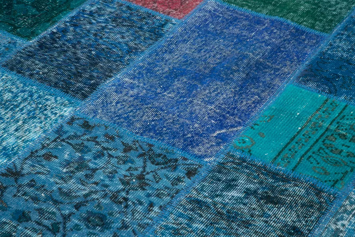Patchwork Mavi Pamuk Üzerine Yün El Dokuma Kilim-202x300 - Görsel 5