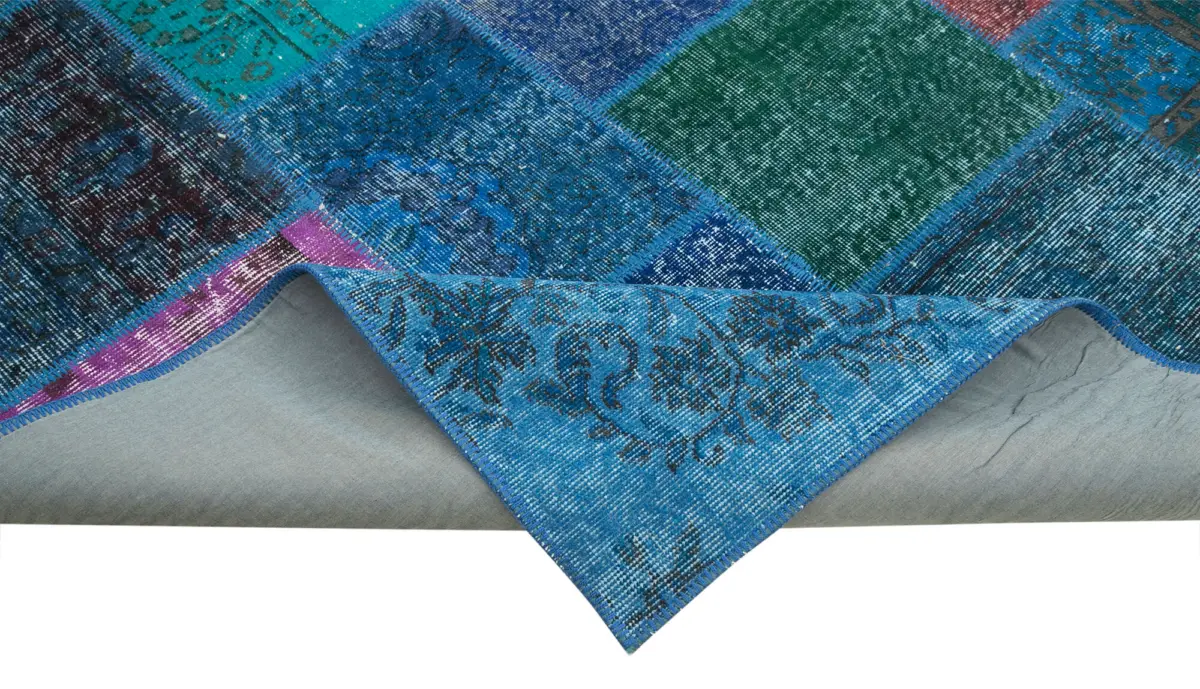 Patchwork Mavi Pamuk Üzerine Yün El Dokuma Kilim-202x300 - Görsel 6