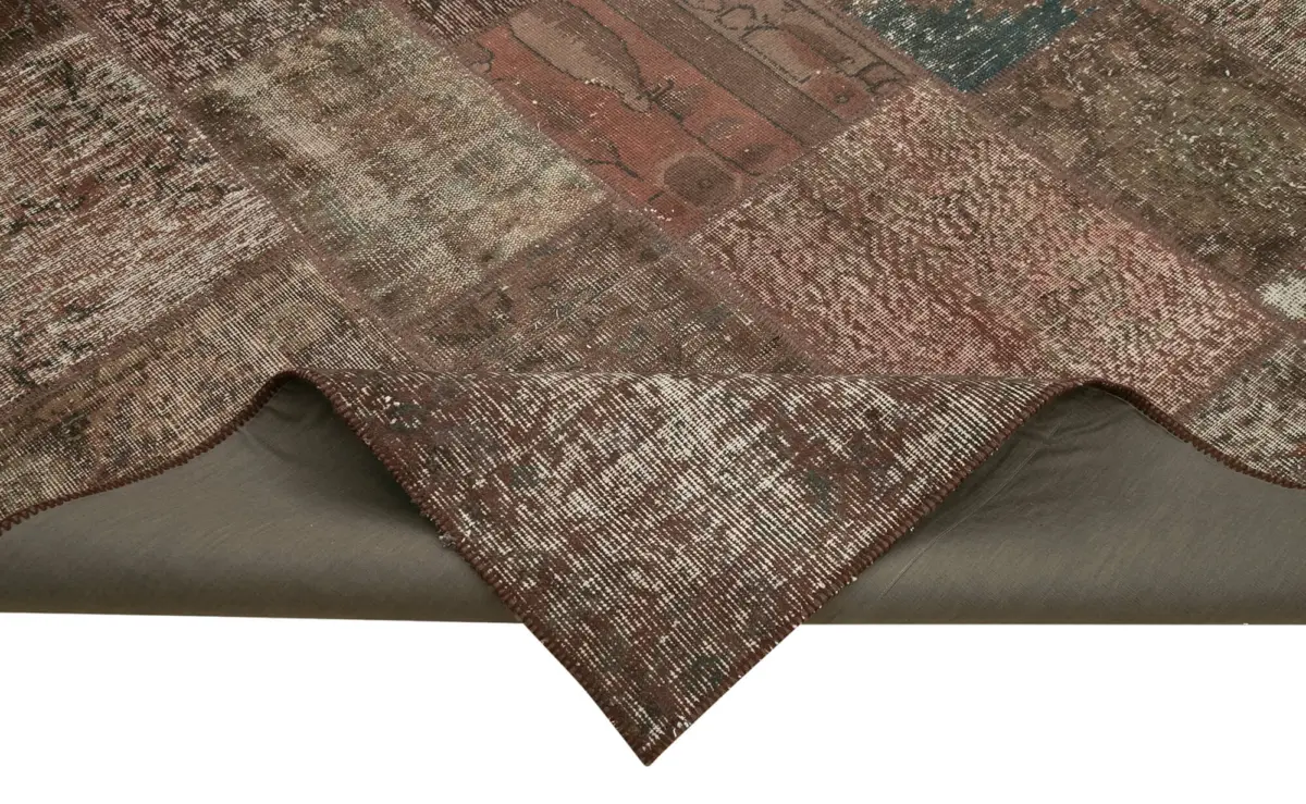 Patchwork Kahverengi Pamuk Üzerine Yün El Dokuma Kilim-203x300 - Görsel 6