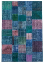 Patchwork Mavi Pamuk Üzerine Yün El Dokuma Kilim-203x300