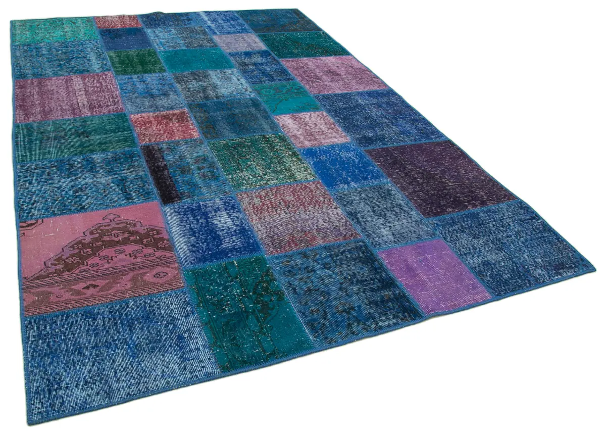 Patchwork Mavi Pamuk Üzerine Yün El Dokuma Kilim-203x300 - Görsel 2