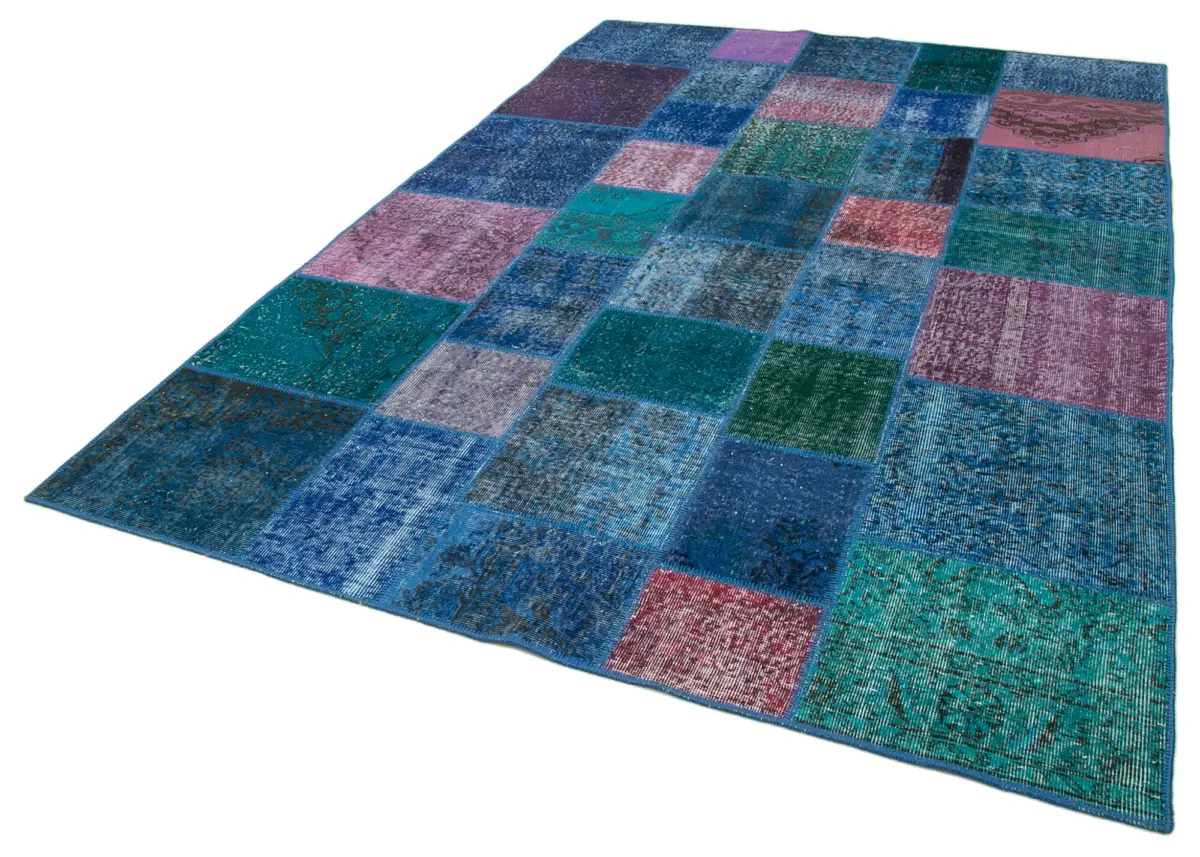 Patchwork Mavi Pamuk Üzerine Yün El Dokuma Kilim-203x300 - Görsel 3