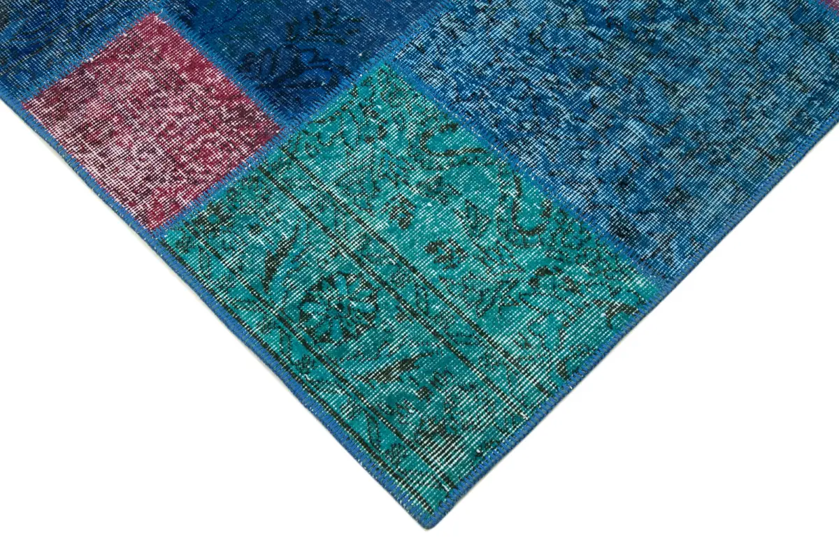 Patchwork Mavi Pamuk Üzerine Yün El Dokuma Kilim-203x300 - Görsel 4