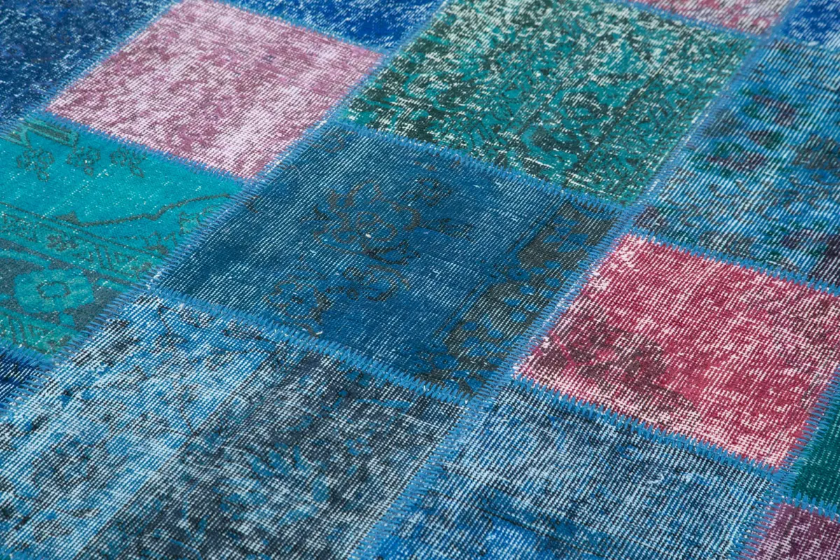 Patchwork Mavi Pamuk Üzerine Yün El Dokuma Kilim-203x300 - Görsel 5