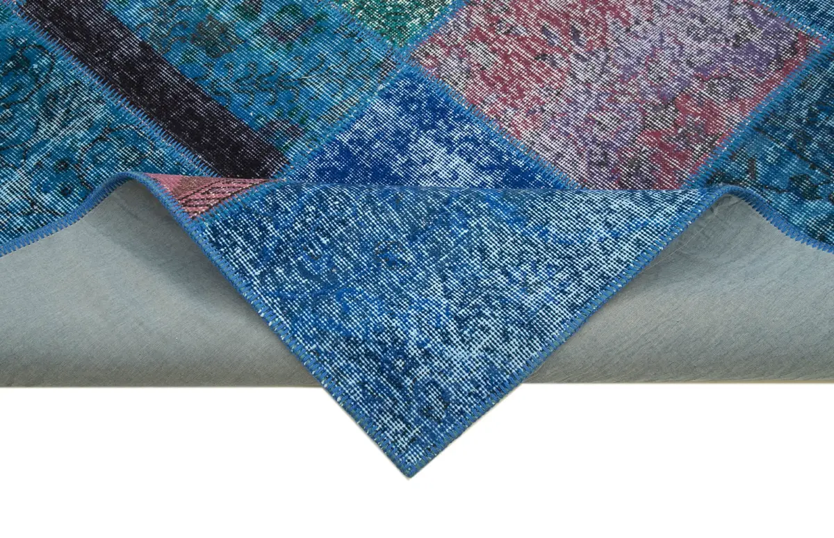 Patchwork Mavi Pamuk Üzerine Yün El Dokuma Kilim-203x300 - Görsel 6
