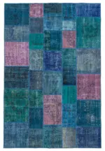 Patchwork Mavi Pamuk Üzerine Yün El Dokuma Kilim-203x300