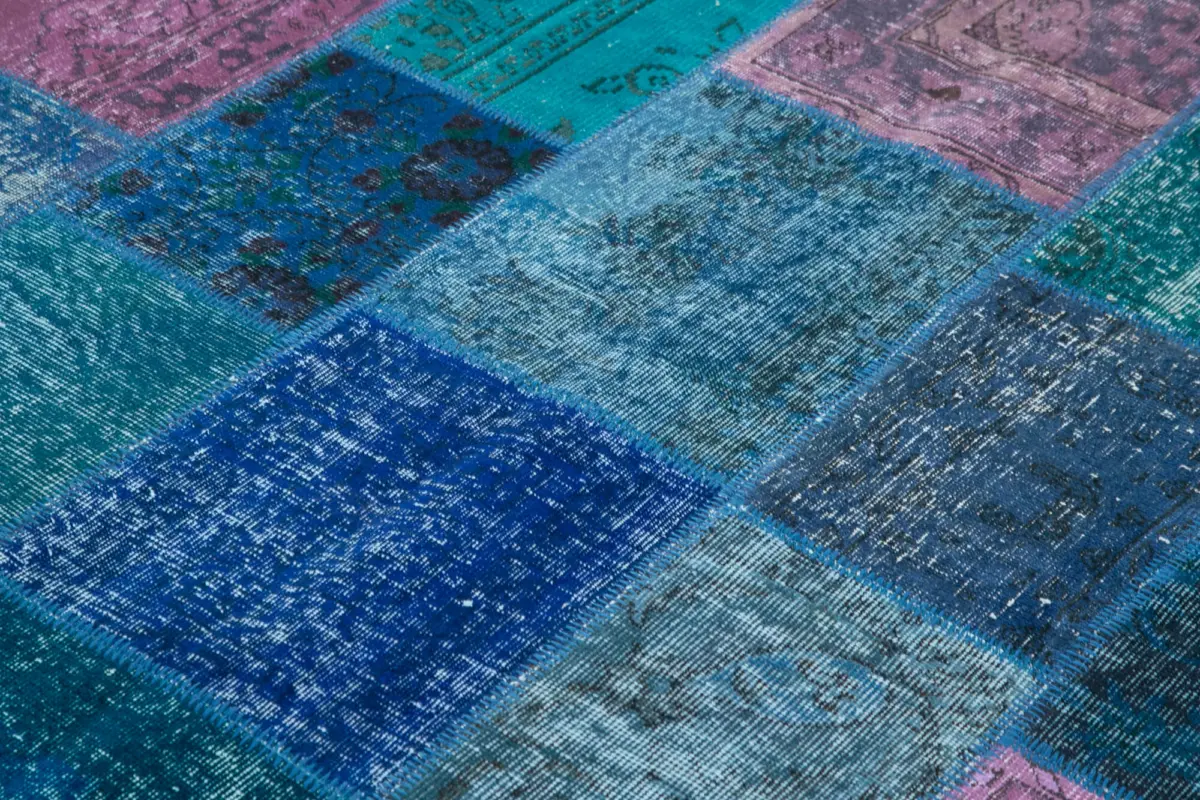 Patchwork Mavi Pamuk Üzerine Yün El Dokuma Kilim-203x300 - Görsel 5