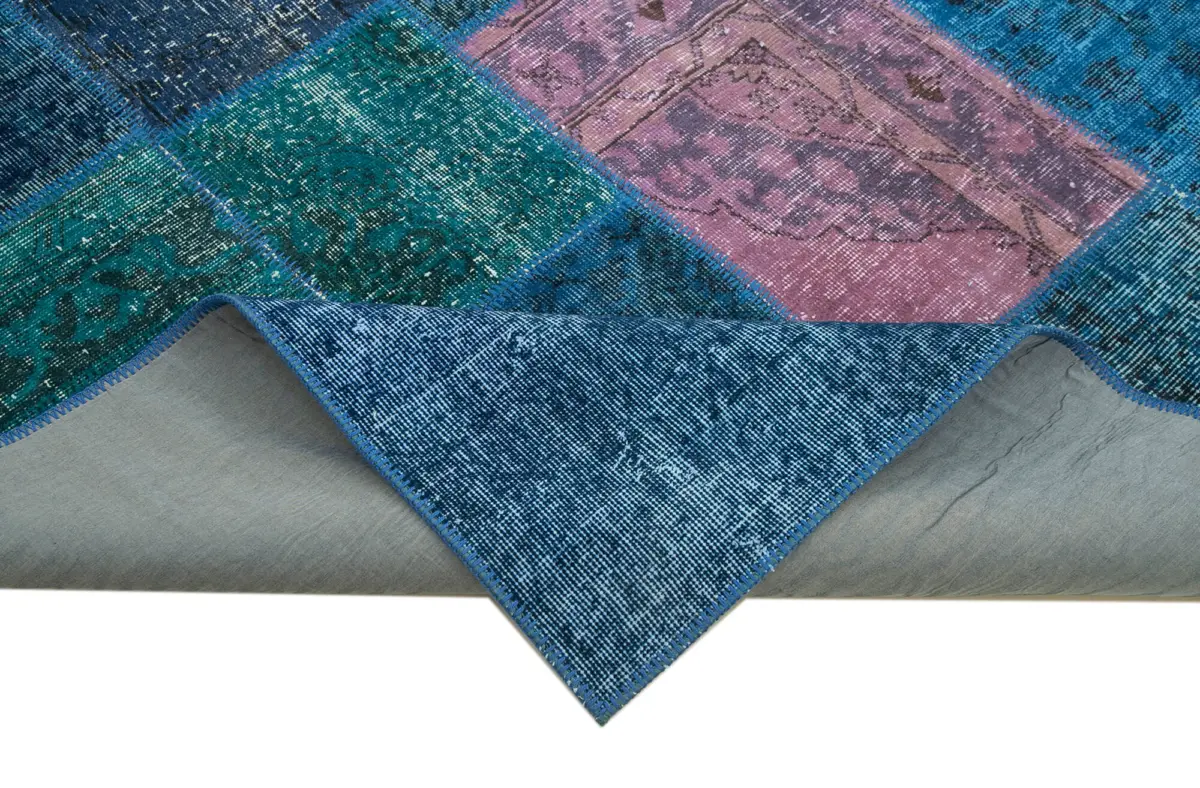 Patchwork Mavi Pamuk Üzerine Yün El Dokuma Kilim-203x300 - Görsel 6