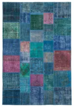 Patchwork Mavi Pamuk Üzerine Yün El Dokuma Kilim-205x300